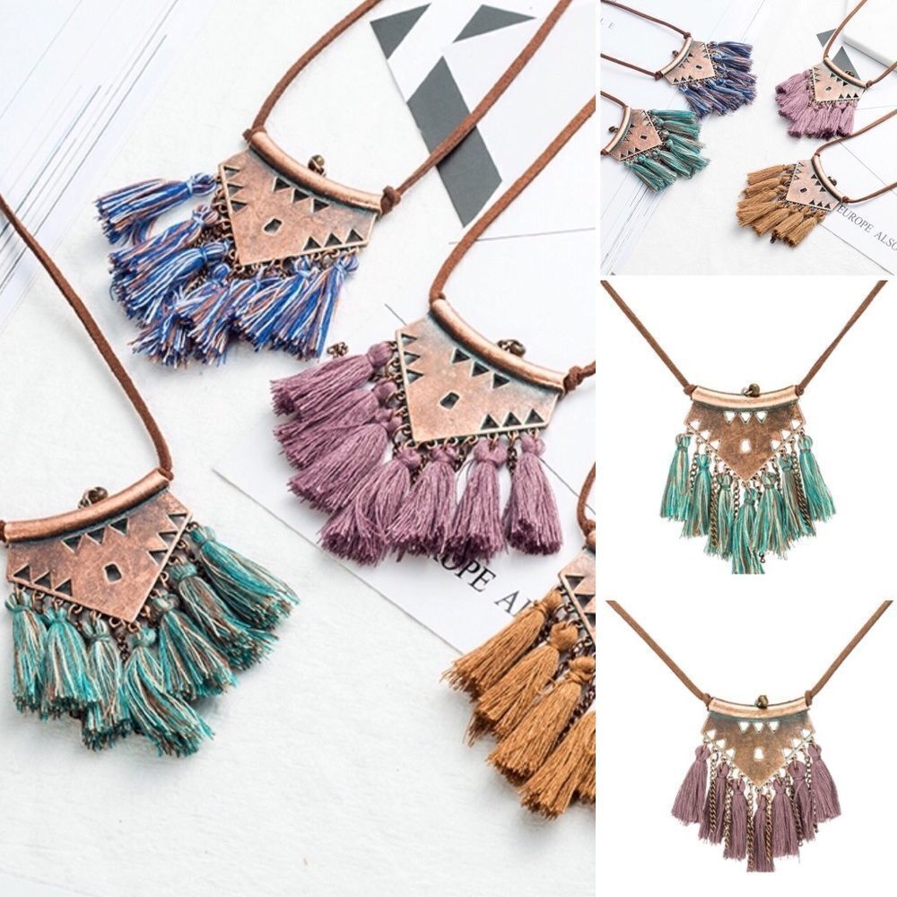 Bohemian Copper Multi Hanging Tassel Boho Leather Cord Necklace NWT